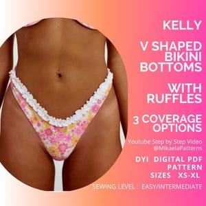 PDF Pattern KELLY Bikini Bottoms V Shaped with Ruffles , Sewing Pattern, Swimsuit Pattern xs - xl, Bikini Bottoms Pattern,A4 Paper/us letter