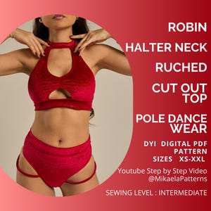 Patrón de costura en PDF para top halter fruncido con cortes, ropa deportiva, tallas XS-XL, A4, carta EE. UU., A0