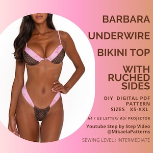 Wzór do szycia w formacie PDF: Top na fiszbinach z marszczeniami po bokach, bikini, XS-XXL, wersja cyfrowa do pobrania