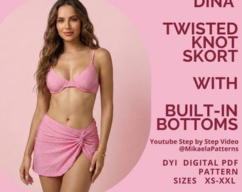 PDF Sewing Pattern Twisted Knot Swim Skort with Built-in Bottoms ( XS-XXL), A4, A0, usletter
