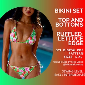 Patrón de bikini en PDF, Top de bikini triangular con volantes Kayla, Patrón en PDF, Patrón de costura tallas XS-XL, Patrón de traje de baño, A4/Carta EE. UU.