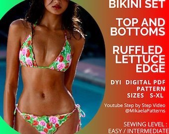 May include: A bikini set featuring a floral design with pink roses and red strawberries on a white base. The top and bottoms have a ruffled lettuce edge. The image includes text: "BIKINI SET", "TOP AND BOTTOMS", "RUFFLED LETTUCE EDGE", "DYI DIGITAL PDF PATTERN", "SIZES S-XL", "SEWING LEVEL: EASY / INTERMEDIATE".