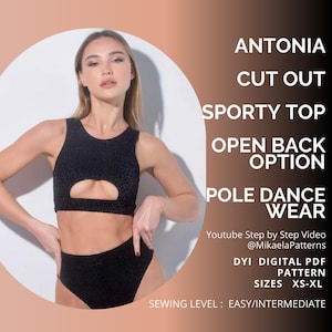 Top deportivo Antonia con abertura en la espalda, patrón en PDF, patrón de costura tallas XS a XL, patrón deportivo, patrón para pole dance, tamaño A4/US Carta