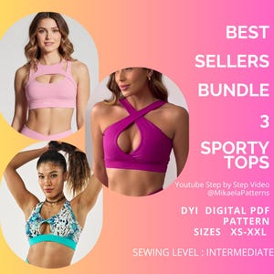 May include: Image features three sporty tops in pink, purple, and patterned blue. The text reads "BEST SELLERS BUNDLE 3 SPORTY TOPS" and mentions a DIY digital PDF pattern with sizes XS-XXL and an intermediate sewing level.