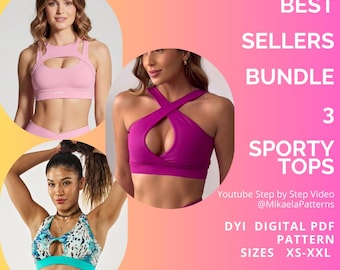 May include: Image features three sporty tops in pink, purple, and patterned blue. The text reads "BEST SELLERS BUNDLE 3 SPORTY TOPS" and mentions a DIY digital PDF pattern with sizes XS-XXL and an intermediate sewing level.