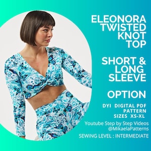 Padrão PDF Eleonora Sporty Top Twisted Knot com opções de manga longa ou curta, Padrão de costura em PDF xs- xl, Sport Top, papel a4 / carta dos EUA