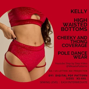 Peut inclure: Un ensemble deux pièces rouge pailleté composé d'un haut bandeau avec découpe centrale et d'un bas taille haute avec lanières latérales. Texte : KELLY HIGH WAISTED BOTTOMS CHEEKY AND THONG COVERAGE POLE DANCE WEAR Youtube Step by Step Video @MikaelaPatterns A4 / US LETTER/ A0/ PROJECTOR DIY DIGITAL PDF PATTERN SIZES XS-XXL SEWING LEVEL : EASY/INTERMEDIATE