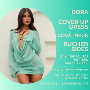 Puede incluir: Un vestido de playa de manga larga en color verde claro con cuello tipo cowl y laterales fruncidos. El texto en la imagen dice: DORA COVER UP DRESS COWL NECK RUCHED SIDES DIY DIGITAL PDF PATTERN SIZES XS-XXL A4 / US LETTER/ A0/ PROJECTOR Youtube Step by Step Video @MikaelaPatterns SEWING LEVEL : EASY/INTERMEDIATE