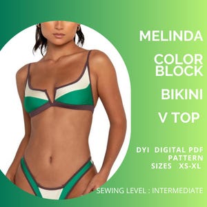 May include: A color block bikini set with a V-neck top and matching bottoms. The bikini features a green, white, and brown color scheme. The text on the image reads "MELINDA COLOR BLOCK BIKINI V TOP" and "DYI DIGITAL PDF PATTERN SIZES XS-XL".