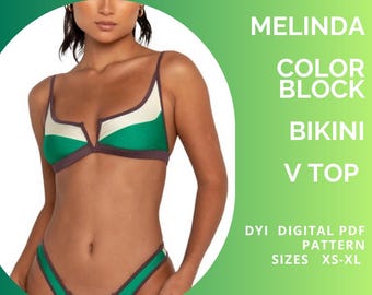 May include: A color block bikini set with a V-neck top and matching bottoms. The bikini features a green, white, and brown color scheme. The text on the image reads "MELINDA COLOR BLOCK BIKINI V TOP" and "DYI DIGITAL PDF PATTERN SIZES XS-XL".