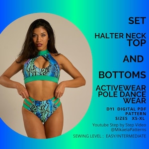 Conjunto de patrones en PDF para top de cuello halter con cortes y pantalones de cintura alta, patrón en PDF, patrón de costura tallas XS a XL, ropa deportiva, ropa de pole dance, tamaño carta A4/EE. UU.
