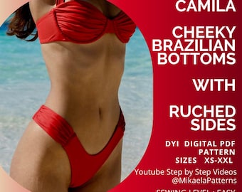 May include: A red bikini set with a ruched top and cheeky Brazilian bottoms. The image includes text that reads "CAMILA CHEEKY BRAZILIAN BOTTOMS WITH RUCHED SIDES." The pattern is available in sizes XS-XXL.