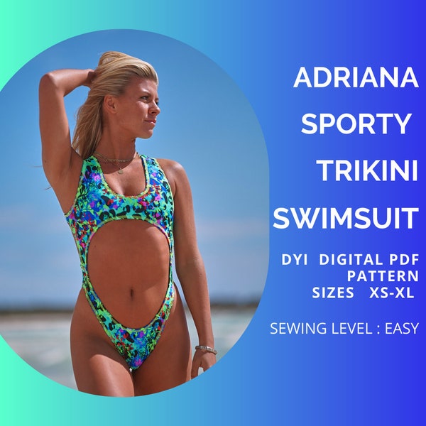PDF Bikini Pattern, ADRIANA Sporty Trikini Swimsuit,Pdf Swimsuit Pattern,Sewing Pattern Xs - XL,Swimwear Pattern, One Piece, Us Letter or A4