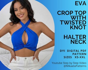PDF Sewing Pattern Eva Crop Top , Twisted Knot Halter, XS-XXL, A4, us letter