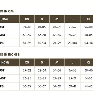 May include: A size chart in a table format, with measurements in centimeters and inches. The chart includes bust, waist, and hip measurements for sizes XS to 2XL. The text "SIZING IN CM" and "SIZING IN INCHES" are at the top.