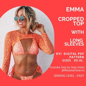 Patrón de top de bikini en PDF, EMMA Top corto con mangas largas Patrón de top de bikini en PDF, Top corto, Patrón de costura xs-xl, Papel A4 o Carta de EE. UU.