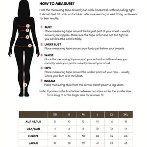 May include: Diagram illustrating how to measure the body for clothing, with a silhouette and numbered points for bust, under bust, waist, hips, and inseam. Includes a size chart with AU/NZ/UK, USA/CAN, Europe, and Japan sizes.