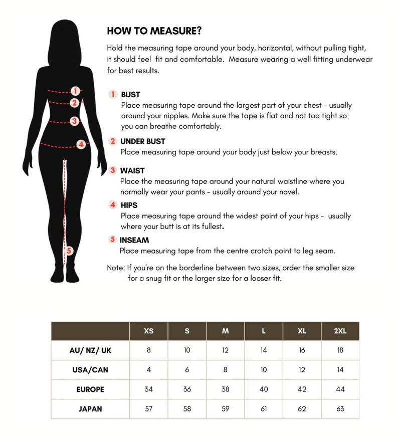 May include: Diagram illustrating how to measure the body for clothing, with a silhouette and numbered points. Includes a size chart with AU/NZ/UK, USA/CAN, Europe, and Japan sizing, ranging from XS to 2XL.