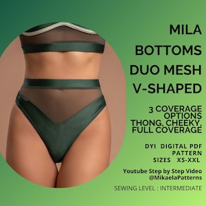 Puede incluir: Un traje de baño de dos piezas verde con detalles de malla. La parte superior y la parte inferior de cintura alta presentan un diseño en forma de V. El texto en la imagen dice "MILA BOTTOMS DUO MESH V-SHAPED" y "3 COVERAGE OPTIONS".