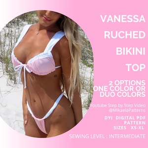 Patrón de bikini en PDF, top de bikini fruncido VANESSA, patrón de bikini en PDF, top fruncido, patrón de costura xs - XL, patrón de traje de baño, papel tamaño carta/A4 de EE. UU.