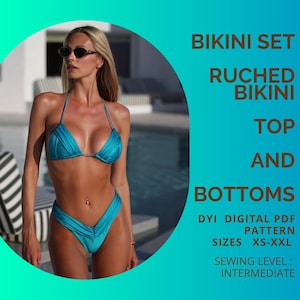 May include: A turquoise ruched bikini set, comprising a top and bottoms, is shown. The image also includes text that reads "BIKINI SET, RUCHED BIKINI, TOP AND BOTTOMS, DYI DIGITAL PDF PATTERN, SIZES XS-XXL, SEWING LEVEL: INTERMEDIATE."