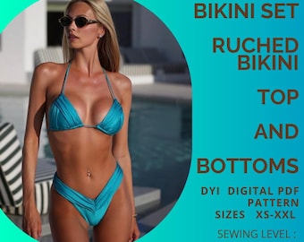 May include: A turquoise ruched bikini set, including a top and bottoms, is displayed. The image also includes text that reads "BIKINI SET, RUCHED BIKINI, TOP AND BOTTOMS, DYI DIGITAL PDF PATTERN, SIZES XS-XXL, SEWING LEVEL: INTERMEDIATE."