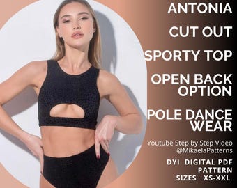 May include: A black leopard print crop top with a front cut-out and matching high-waisted bottoms. Text reads: ANTONIA CUT OUT SPORTY TOP OPEN BACK OPTION POLE DANCE WEAR, Youtube Step by Step Video @MikaelaPatterns, DYI DIGITAL PDF PATTERN SIZES XS-XXL, SEWING LEVEL: EASY/INTERMEDIATE.