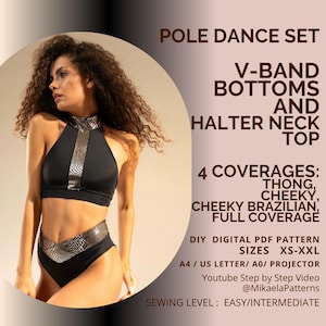 Puede incluir: Un conjunto de pole dance negro con top halter y braguita de corte en V con detalles de estampado de serpiente metálico. El texto dice: POLE DANCE SET, V-BAND BOTTOMS AND HALTER NECK TOP, 4 COVERAGES: THONG, CHEEKY, CHEEKY BRAZILIAN, FULL COVERAGE, DIY DIGITAL PDF PATTERN SIZES XS-XXL, A4 / US LETTER/ A0/ PROJECTOR, Youtube Step by Step Video @MikaelaPatterns, SEWING LEVEL : EASY/INTERMEDIATE.