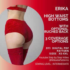 Puede incluir: Pantalones de cintura alta rojos con espalda fruncida opcional, parte del patrón PDF digital DIY "Erika". El patrón ofrece 3 opciones de cobertura y está disponible en tallas XS-XXL. Nivel de costura: Intermedio.