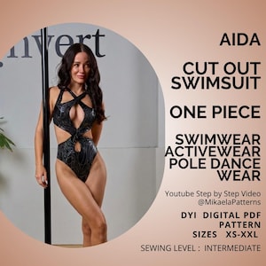 Peut inclure: Un maillot de bain une pièce noir avec une découpe et un motif de lignes dorées tourbillonnantes. Le texte indique AIDA CUT OUT SWIMSUIT ONE PIECE SWIMWEAR ACTIVEWEAR POLE DANCE WEAR Youtube Step by Step Video @MikaelaPatterns DIY DIGITAL PDF PATTERN SIZES XS-XXL SEWING LEVEL: INTERMEDIATE.