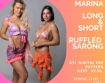 PDF Swimwear Pattern, Marina Long and Short Ruffled Sarong, Pdf Cover Up Pattern, Bikini Cover Up, Sewing Pattern xs - XL, Us Letter or A4