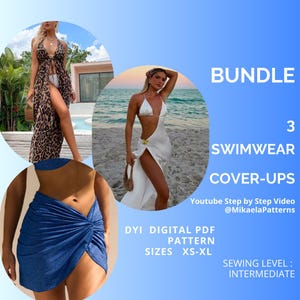 Op de afbeelding: Afbeelding toont een bundel van drie badmode cover-ups. De cover-ups omvatten een maxi-jurk met luipaardprint, een witte satijnen jurk en een blauwe wikkelrok. De tekst op de afbeelding luidt "BUNDLE 3 SWIMWEAR COVER-UPS" en "DYI DIGITAL PDF PATTERN SIZES XS-XL".