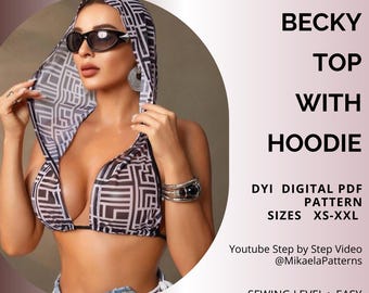 PDF Sewing Pattern Top with Hoodie, Festival/Rave Wear, XS-XXL, A4/A0/us Letter