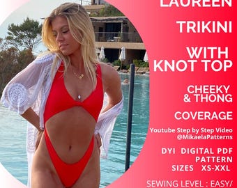 Może przedstawiać: Czerwony kostium kąpielowy trikini z wiązanym topem i odważnym pokryciem stringów. Obraz zawiera tekst „LAUREEN TRIKINI WITH KNOT TOP” i „DYI DIGITAL PDF PATTERN” w rozmiarach XS-XXL. Poziom szycia jest łatwy/średniozaawansowany.