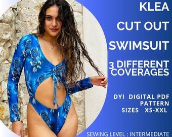 Patrón de costura en PDF Traje de baño de manga larga con aberturas Klea (XS-XXL), Trajes de baño, A4, usLetter,A0