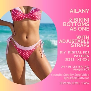 Könnte beinhalten: Ein rosa-weiß gepunkteter Bikini mit Oberteil und Unterteil mit verstellbaren seitlichen Bindebändern. Der Text lautet AILANY 2 BIKINI BOTTOMS AS ONE WITH ADJUSTABLE STRAPS DIY DIGITAL PDF PATTERN SIZES XS-XXL A4 / US LETTER/ A0/ PROJECTOR.