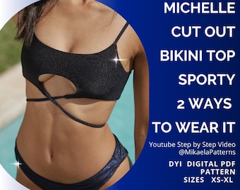 May include: Black cut-out bikini top and matching bottoms. The top has a unique design with a central cut-out and thin straps. The image includes text that reads "MICHELLE CUT OUT BIKINI TOP SPORTY 2 WAYS TO WEAR IT".