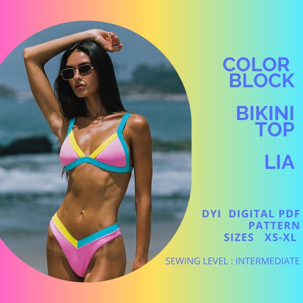 PDF Bikini Pattern, LIA Color Block Bikini Top, Pdf Bikini Pattern, Bikini Top, Sewing Pattern xs - XL, Swimwear Pattern, Us Letter or A4