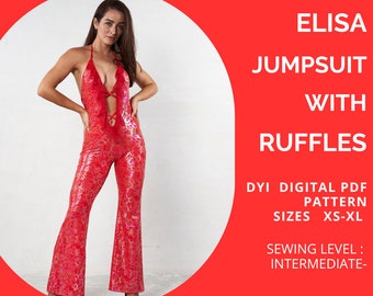 PDF Jumpsuit Pattern, Sexy Jumpsuit Pattern with Ruffles, Pdf Romper Pattern, Bodysuit Pattern, Jumpsuit Sewing Pattern XS - XL, Pdf Pattern