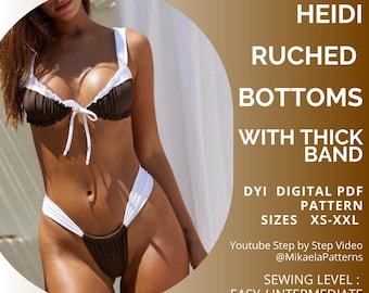 May include: A brown and white bikini with ruched bottoms and a thick band. The top has white straps and a tie in the center. The image includes text that reads "HEIDI RUCHED BOTTOMS WITH THICK BAND" and "DYI DIGITAL PDF PATTERN SIZES XS-XXL".