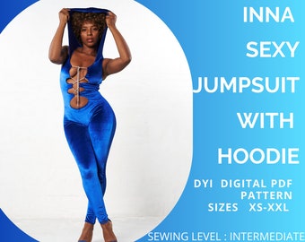PDF Jumpsuit Pattern, INNA Sexy Jumpsuit with Hoodie Pattern, Pdf Romper Pattern, Bodysuit Pattern, Jumpsuit Sewing Pattern xs - xxl, Pdf