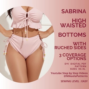 PDF-naaipatroon Hoog getailleerde broek met ruches aan zijkanten, badkleding, bikini, XS-XL, A4/us-letter