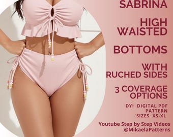 PDF Sewing Pattern High Waisted Bottoms Ruched Sides, Swimwear, Bikini, XS-XL, A4/us letter