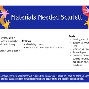 May include: A blue graphic with the text "Materials Needed Scarlett" and a list of fabric, notions, and tools. The fabric list includes Lycra, Nylon, and spandex. Tools include a sewing machine, scissors, and measuring tape.