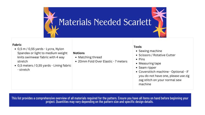 May include: A blue graphic with the text "Materials Needed Scarlett" and a list of fabric, notions, and tools. The fabric list includes Lycra, Nylon, and spandex. Tools include a sewing machine, scissors, and measuring tape.