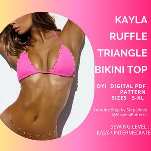 Patrón de bikini en PDF, Top de bikini triangular con volantes Kayla, Patrón en PDF, Patrón de costura tallas XS-XL, Patrón de traje de baño, A4/Carta EE. UU.