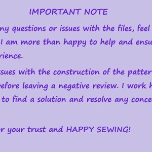 May include: A light purple background with text in dark purple. The text reads "IMPORTANT NOTE" followed by a message about assistance with files and patterns. The message ends with "HAPPY SEWING!" and the name "Mikaela".