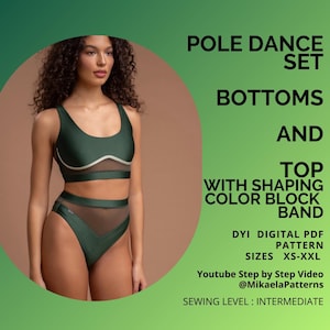 Puede incluir: Un conjunto de pole dance verde oscuro, que incluye pantalones y un top con una banda de bloques de color moldeadora. El conjunto se muestra en una modelo. La imagen incluye el texto "POLE DANCE SET BOTTOMS AND TOP WITH SHAPING COLOR BLOCK BAND". El patrón es un PDF digital DIY.
