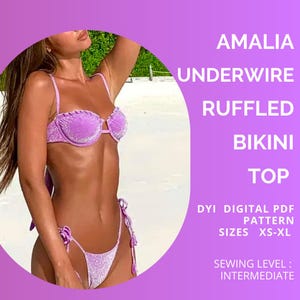 Patrón de bikini en PDF, bikini con aros y volantes Amalia, patrón de bikini en PDF, top con aros, patrón de costura para tops XS-XL, tamaño carta de EE. UU. o A4