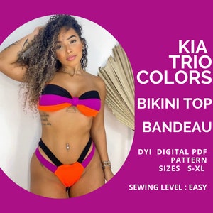 PDF Bikini Top Pattern, KIA Trio Colors Bikini Top, Pdf Pattern, Bandeau Top, Sewing Pattern S - XL, Bikini Top, Top Pdf, Swimwear Pattern